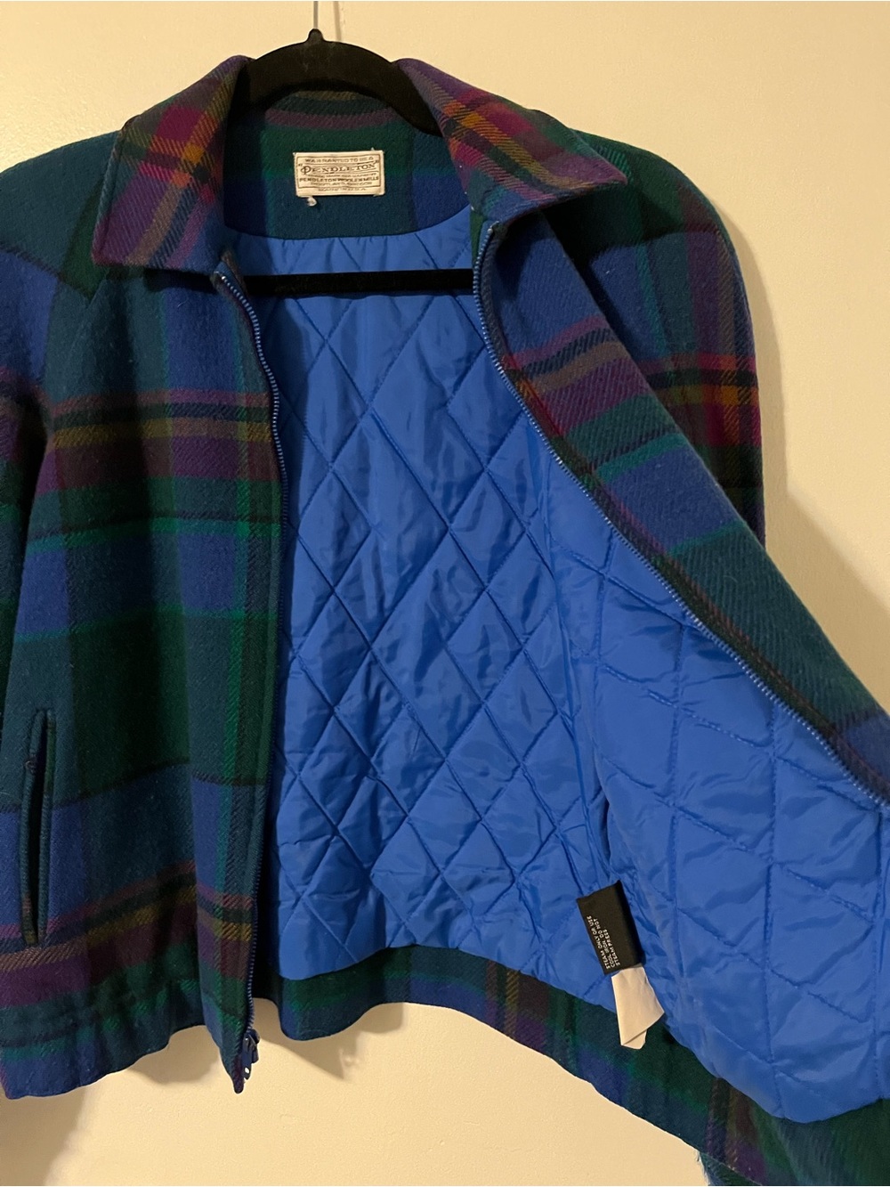 VTG Pendleton Wool Blue and Green Plaid Bomber Jacket - Made in USA - Picture 7 of 7